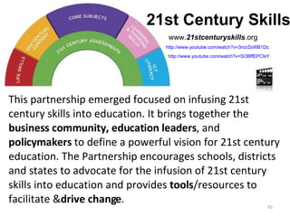 www. 21stcenturyskills .org This partnership emerged focused on infusing 21st century skills into education. It brings together the  business community, education leaders , and  policymakers  to define a powerful vision for 21st century education. The Partnership encourages schools, districts and states to advocate for the infusion of 21st century skills into education and provides  tools /resources to facilitate & drive change . 21st Century Skills http:// www.youtube.com/watch?v =3ncrZsWB1Dc   http:// www.youtube.com/watch?v = SOBffEPCIsY   