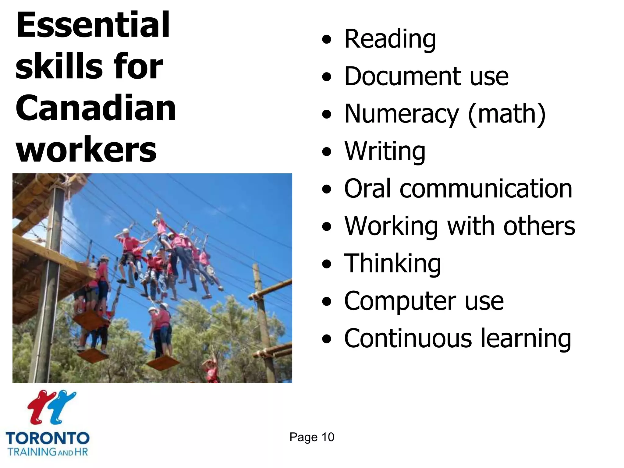 Essential
skills for
Canadian
workers
• Reading
• Document use
• Numeracy (math)
• Writing
• Oral communication
• Working with others
• Thinking
• Computer use
• Continuous learning
Page 10
 