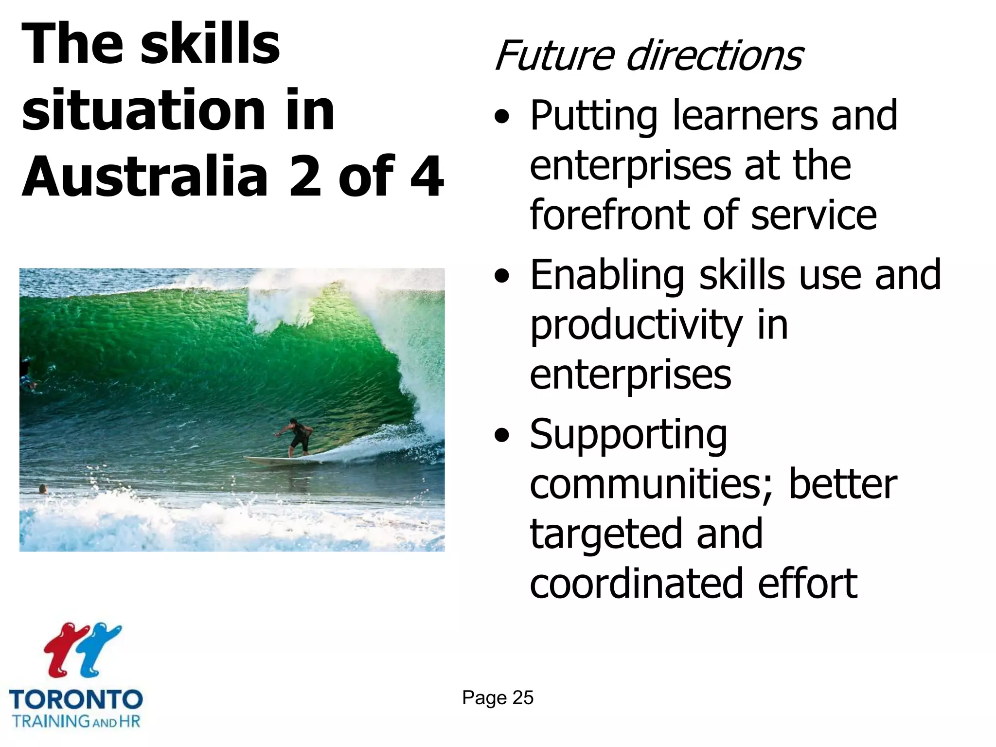 The skills
situation in
Australia 2 of 4
Future directions
• Putting learners and
enterprises at the
forefront of service
• Enabling skills use and
productivity in
enterprises
• Supporting
communities; better
targeted and
coordinated effort
Page 25
 