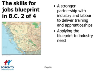The skills for
jobs blueprint
in B.C. 2 of 4
• A stronger
partnership with
industry and labour
to deliver training
and apprenticeships
• Applying the
blueprint to industry
need
Page 20
 