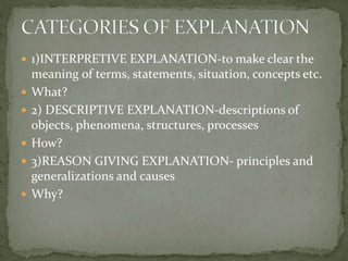  1)INTERPRETIVE EXPLANATION-to make clear the
meaning of terms, statements, situation, concepts etc.
 What?
 2) DESCRIP...