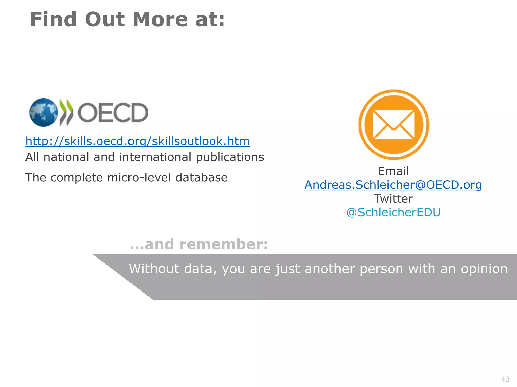 Find Out More at:
http://skills.oecd.org/skillsoutlook.htm
All national and international publications
The complete micro-level database
Without data, you are just another person with an opinion
…and remember:
Email
Andreas.Schleicher@OECD.org
Twitter
@SchleicherEDU
43
 