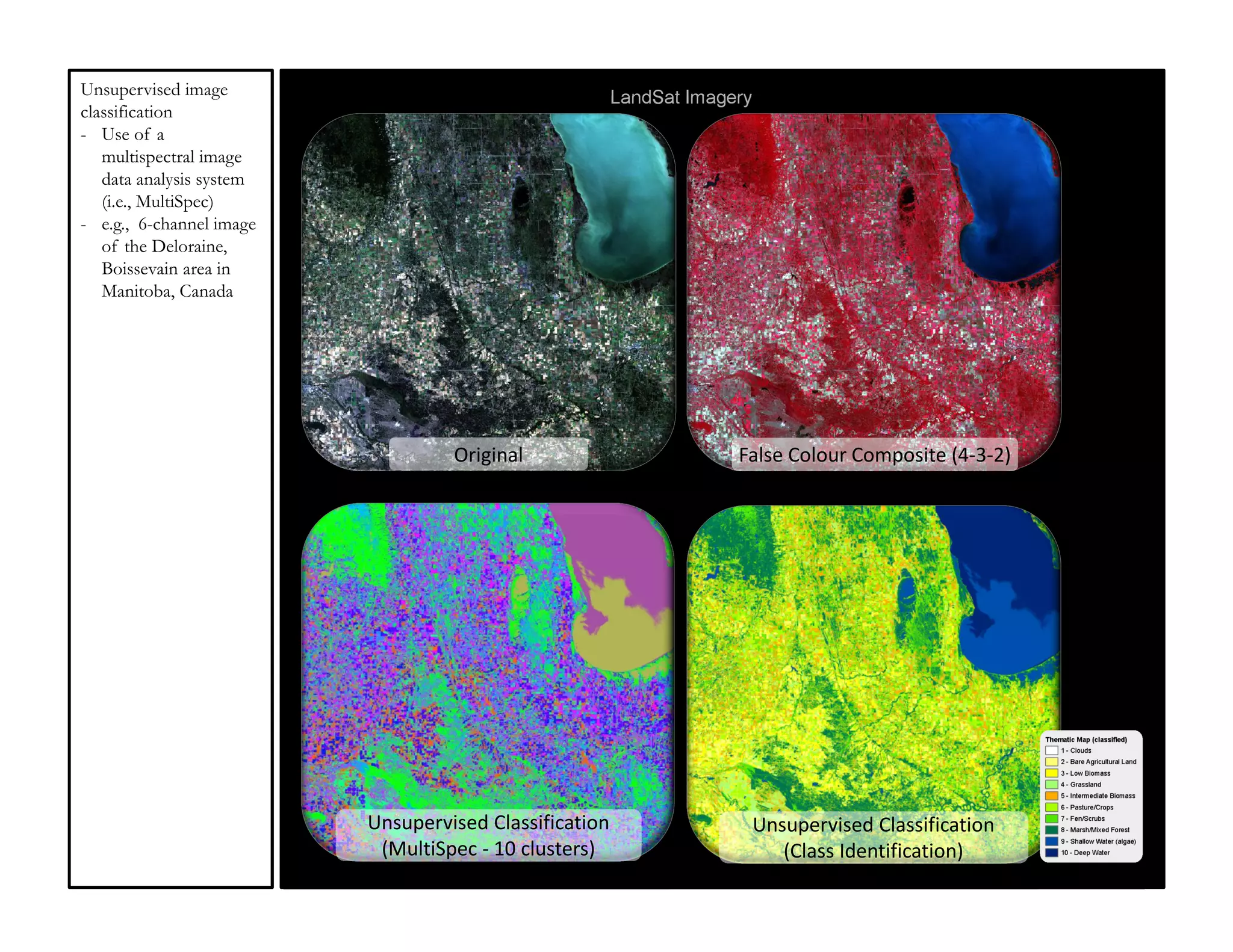 Unsupervised image                                      LandSat Imagery
classification
- Use of a
   multispectral image
   data analysis system
   (i.e., MultiSpec)
- e.g., 6-channel image
   of the Deloraine,
   Boissevain area in
   Manitoba, Canada




                                   Original                          False Colour Composite (4-3-2)




                          Unsupervised Classification                     Unsupervised Classification
                           (MultiSpec - 10 clusters)                         (Class Identification)
 