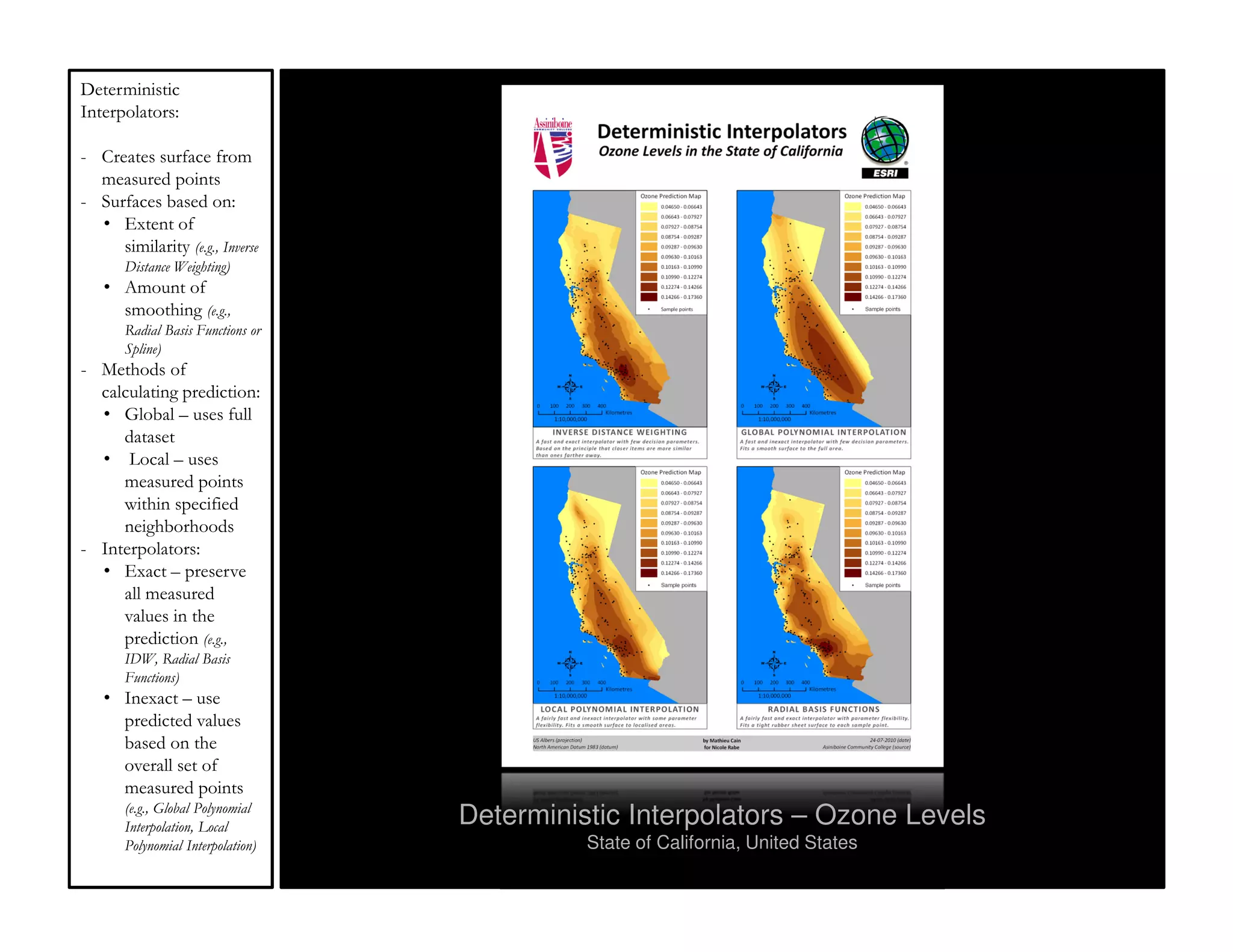 Deterministic
Interpolators:

- Creates surface from
  measured points
- Surfaces based on:
  • Extent of
     similarity (e.g., Inverse
       Distance Weighting)
   • Amount of
     smoothing (e.g.,
       Radial Basis Functions or
       Spline)
- Methods of
  calculating prediction:
  • Global – uses full
     dataset
  • Local – uses
     measured points
     within specified
     neighborhoods
- Interpolators:
  • Exact – preserve
     all measured
     values in the
     prediction (e.g.,
       IDW, Radial Basis
       Functions)
   • Inexact – use
     predicted values
     based on the
     overall set of
     measured points
       (e.g., Global Polynomial
       Interpolation, Local        Deterministic Interpolators – Ozone Levels
       Polynomial Interpolation)             State of California, United States
 