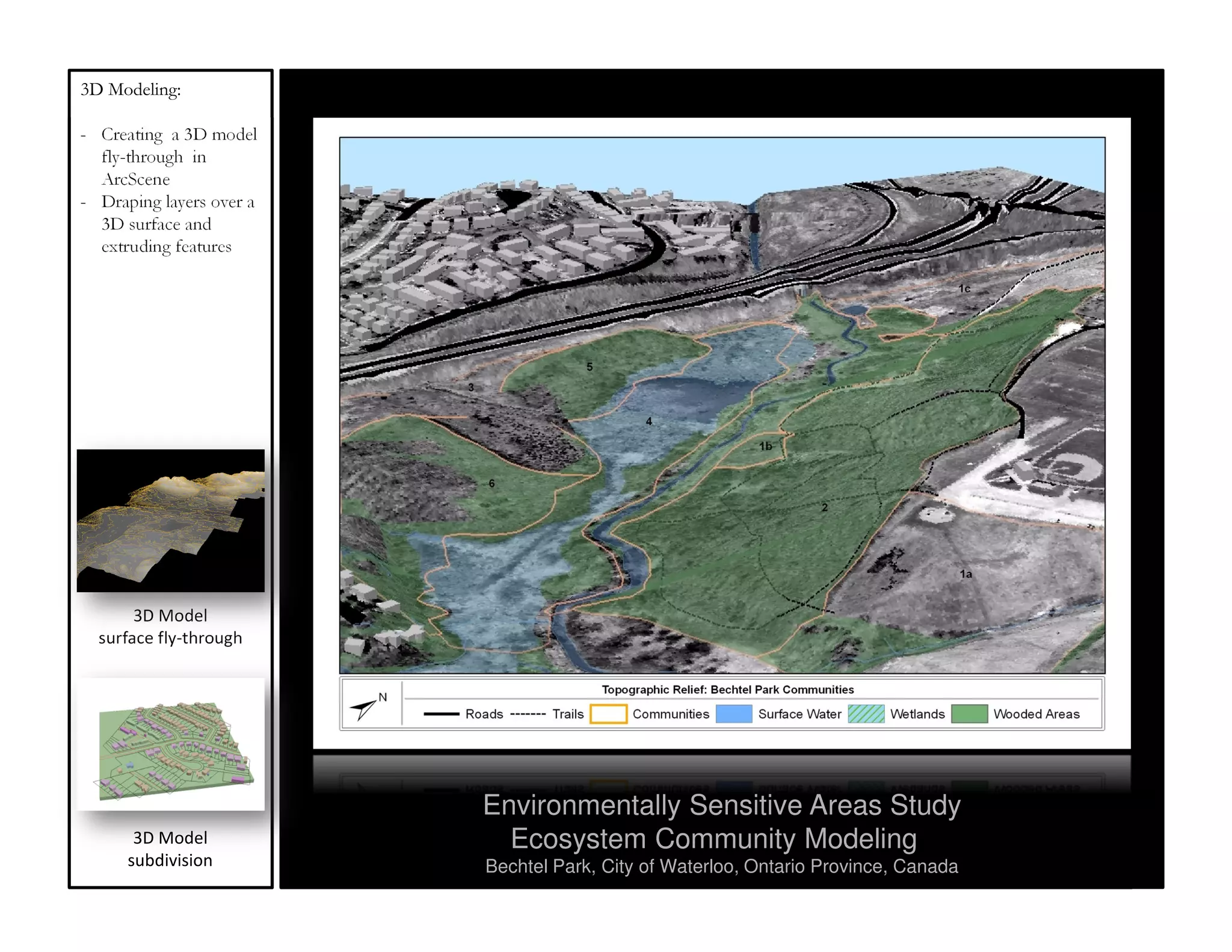 3D Modeling:

- Creating a 3D model
  fly-through in
  ArcScene
- Draping layers over a
  3D surface and
  extruding features




       3D Model
  surface fly-through




                          Environmentally Sensitive Areas Study
       3D Model             Ecosystem Community Modeling
      subdivision         Bechtel Park, City of Waterloo, Ontario Province, Canada
 