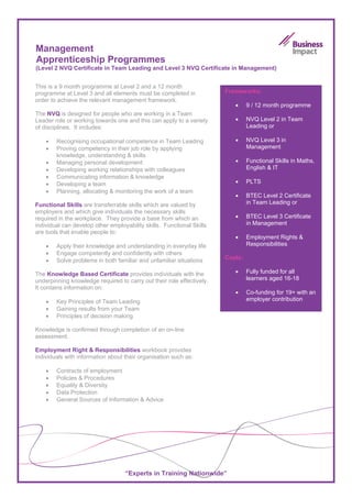 Management
Apprenticeship Programmes
(Level 2 NVQ Certificate in Team Leading and Level 3 NVQ Certificate in Management)


This is a 9 month programme at Level 2 and a 12 month
programme at Level 3 and all elements must be completed in             Frameworks:
order to achieve the relevant management framework.
                                                                          •     9 / 12 month programme
The NVQ is designed for people who are working in a Team
Leader role or working towards one and this can apply to a variety        •     NVQ Level 2 in Team
of disciplines. It includes:                                                    Leading or

    •   Recognising occupational competence in Team Leading               •     NVQ Level 3 in
    •   Proving competency in their job role by applying                        Management
        knowledge, understanding & skills
    •   Managing personal development                                     •     Functional Skills in Maths,
    •   Developing working relationships with colleagues                        English & IT
    •   Communicating information & knowledge
    •   Developing a team                                                 •     PLTS
    •   Planning, allocating & monitoring the work of a team
                                                                          •     BTEC Level 2 Certificate
Functional Skills are transferrable skills which are valued by                  in Team Leading or
employers and which give individuals the necessary skills
required in the workplace. They provide a base from which an              •     BTEC Level 3 Certificate
individual can develop other employability skills. Functional Skills            in Management
are tools that enable people to:
                                                                          •     Employment Rights &
    •   Apply their knowledge and understanding in everyday life                Responsibilities
    •   Engage competently and confidently with others
    •   Solve problems in both familiar and unfamiliar situations      Costs:

The Knowledge Based Certificate provides individuals with the             •     Fully funded for all
underpinning knowledge required to carry out their role effectively.            learners aged 16-18
It contains information on:
                                                                          •     Co-funding for 19+ with an
    •   Key Principles of Team Leading                                          employer contribution
    •   Gaining results from your Team
    •   Principles of decision making

Knowledge is confirmed through completion of an on-line
assessment.

Employment Right & Responsibilities workbook provides
individuals with information about their organisation such as:

    •   Contracts of employment
    •   Policies & Procedures
    •   Equality & Diversity
    •   Data Protection
    •   General Sources of Information & Advice




                                   “Experts in Training Nationwide”
 