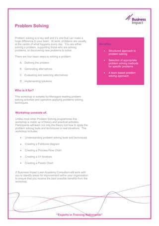 Problem Solving

Problem solving is a key skill and it’s one that can make a
huge difference to your team. At work, problems are usually
at the centre of what happens every day. You are either            Benefits:
solving a problem, supporting those who are solving
problems, or discovering new problems to solve.                        •   Structured approach to
                                                                           problem solving
There are four basic steps to solving a problem:
                                                                       •   Selection of appropriate
    A. Defining the problem                                                problem solving methods
                                                                           for specific problems
    B. Generating alternatives
                                                                       •   A team based problem
    C. Evaluating and selecting alternatives                               solving approach
    D. Implementing solutions


Who is it for?

This workshop is suitable for Managers leading problem
solving activities and operators applying problems solving
techniques.


Workshop consists of:

Unlike most other Problem Solving programmes this
workshop is made up of theory and practical activities.
Participants will learn not only the theory but how to apply the
problem solving tools and techniques in real situations. The
workshop includes:

    •   Understanding problem solving tools and techniques

    •   Creating a Fishbone diagram

    •   Creating a Process Flow Chart

    •   Creating a 5Y Analysis

    •   Creating a Pareto Chart


A Business Impact Lean Academy Consultant will work with
you to identify areas for improvement within your organisation
to ensure that you receive the best possible benefits from the
workshop.




                                    “Experts in Training Nationwide”
 