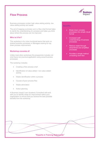Flow Process


Business processes contain high value adding activity, low
value adding activity and waste.                                Benefits:
The act of mapping a process out in a flow chart format helps
                                                                     •   Break down complex
to clarify the understanding of a process and helps you think
                                                                         processes into simple visual
about where the process can be improved.
                                                                         format

Who is it for?                                                       •   Increased staff
                                                                         understanding of business
This workshop is for cross functional teams that work on                 processes
shared business processes or Managers looking for top
down process improvement.                                            •   Reduce waste through
                                                                         streamlined and simplified
                                                                         processes
Workshop consists of:
                                                                     •   Provides a simple method
Unlike most other workshops this programme includes not                  of tracking work flow
only theory but practical application using actual business
processes.

The workshop includes:

    •   Creating a flow process chart

    •   Identification of value added / non value added
        activity

    •   Waste identification within a process

    •   Causes of poor process flow

    •   Waste elimination

    •   Action planning

A Business Impact Lean Academy Consultant will work
with you to identify areas for improvement within your
organisation to ensure that you receive the best possible
benefits from the workshop.




                                  “Experts in Training Nationwide”
 