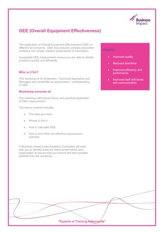 OEE (Overall Equipment Effectiveness)


The application of Overall Equipment Effectiveness (OEE) is
different for everyone. OEE truly reduces complex production
problems into simple, intuitive presentation of information.   Benefits:

Successful OEE measurement means you are able to identify          •   Improved quality
problems quickly and efficiently.
                                                                   •   Reduced downtime

                                                                   •   Improved efficiency and
Who is it for?                                                         performance

This workshop is for Engineers / Technical Specialists and         •   Improved staff skill levels
Managers who would like an appreciation / understanding                and communication
of OEE.

Workshop consists of:

The workshop will include theory and practical application
of OEE measurement.

The theory covered includes:

    •   The data you need

    •   Where to find it

    •   How to calculate OEE

    •   How to turn OEE into effective improvement
        activities


A Business Impact Lean Academy Consultant will work
with you to identify areas for improvement within your
organisation to ensure that you receive the best possible
benefits from the workshop.




                                “Experts in Training Nationwide”
 