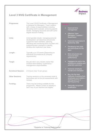 Level 3 NVQ Certificate in Management


Programme:           The Level 3 NVQ Certificate in Management       Benefits:
                     is designed for Managers / Team Leaders
                     with a range of responsibilities including:
                                                                        •   Improved time
                     allocating work to people, achieving specific
                                                                            management
                     results, managing resources and with some
                     degree decision making.
                                                                        •   Effective Team
                                                                            Managers / Leaders /
                                                                            Supervisors
Units:               Units typically include: managing personal
                     development, set objectives and provide
                     support for team members, planning,                •   Improved supervisory &
                     allocating and monitoring work of a team and           leadership skills
                     supporting team members to identify,
                     develop and implement new ideas.                   •   Developing new tools
                                                                            and techniques for the
                                                                            team
Length:              Typically up to 30 weeks (Depending on
                     individual circumstances & company                 •   More structured and
                     requirements)                                          improved team
                                                                            performance

Target:              Any job role in any industry sector that           •   Highlights the skill of the
                     involves team leading / supervisory /                  workforce to existing and
                     management responsibilities.                           potential customers

                                                                        •   Improves employee
Enrolment Session:   2.5 hours (max 12 per group)                           morale and motivation

                                                                        •   Buy into the best
Other Sessions:      Training sessions on the necessary tools &             methods of working from
                     techniques and on the job assessments with             employees and maybe a
                     reviews.                                               starting point for a
                                                                            learning journey
Funding:             There may be funding available for this
                     programme. Please contact us directly to           •   Nationally recognised
                     see if any of your learners are eligible.              qualification




                               “Experts in Training Nationwide”
 
