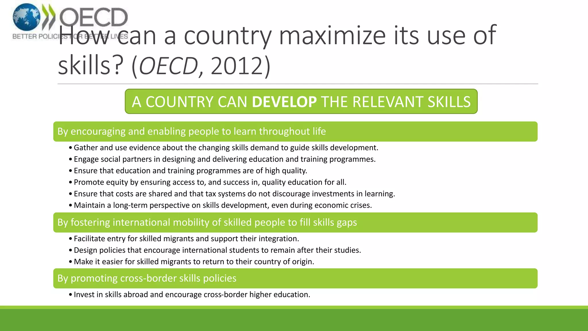 How can a country maximize its use of 
skills? (OECD, 2012) 
A COUNTRY CAN DEVELOP THE RELEVANT SKILLS 
By encouraging and enabling people to learn throughout life 
•Gather and use evidence about the changing skills demand to guide skills development. 
• Engage social partners in designing and delivering education and training programmes. 
• Ensure that education and training programmes are of high quality. 
• Promote equity by ensuring access to, and success in, quality education for all. 
• Ensure that costs are shared and that tax systems do not discourage investments in learning. 
• Maintain a long-term perspective on skills development, even during economic crises. 
By fostering international mobility of skilled people to fill skills gaps 
• Facilitate entry for skilled migrants and support their integration. 
• Design policies that encourage international students to remain after their studies. 
•Make it easier for skilled migrants to return to their country of origin. 
By promoting cross-border skills policies 
• Invest in skills abroad and encourage cross-border higher education. 
 