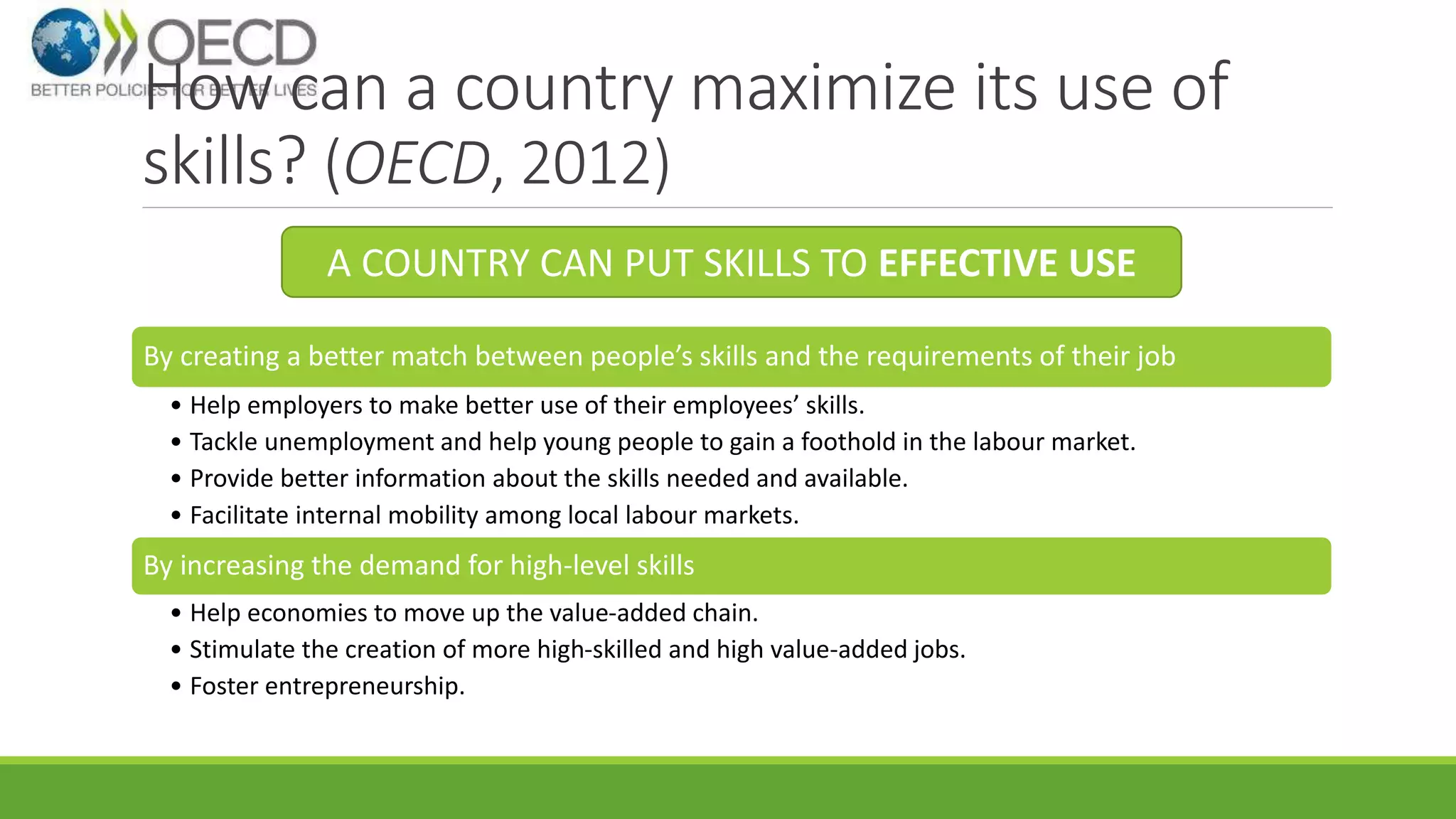 How can a country maximize its use of 
skills? (OECD, 2012) 
A COUNTRY CAN PUT SKILLS TO EFFECTIVE USE 
By creating a better match between people’s skills and the requirements of their job 
• Help employers to make better use of their employees’ skills. 
• Tackle unemployment and help young people to gain a foothold in the labour market. 
• Provide better information about the skills needed and available. 
• Facilitate internal mobility among local labour markets. 
By increasing the demand for high-level skills 
• Help economies to move up the value-added chain. 
• Stimulate the creation of more high-skilled and high value-added jobs. 
• Foster entrepreneurship. 
 