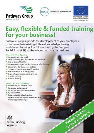 Pathway Groupputting you first
Easy, flexible & funded training
for your business!
Pathway Group supports the development of your employees
to improve their existing skills and knowledge through
work-based learning. It is fully funded by the European
Social Fund (ESF) so there is no cost to your business.
Benefits for Your Business
>	 Improved workforce skills
>	 Increases employee motivation and retention
>	 Increases profitability
>	 Improves employee productivity and effectiveness
>	 Leads to better business practices
>	 Saves costs and improves efficiencies
>	 Flexible choice of learning units
>	 Supports your succession planning
>	 On-site training
>	 Funded training
Benefits for Your Employees
>	 Learn new and relevant skills
>	 Improved performance
>	 Increased personal development
>	 Career growth
>	Progression to other training
opportunities such as intermediate and
higher apprenticeships
Funded training
for your workforce
 