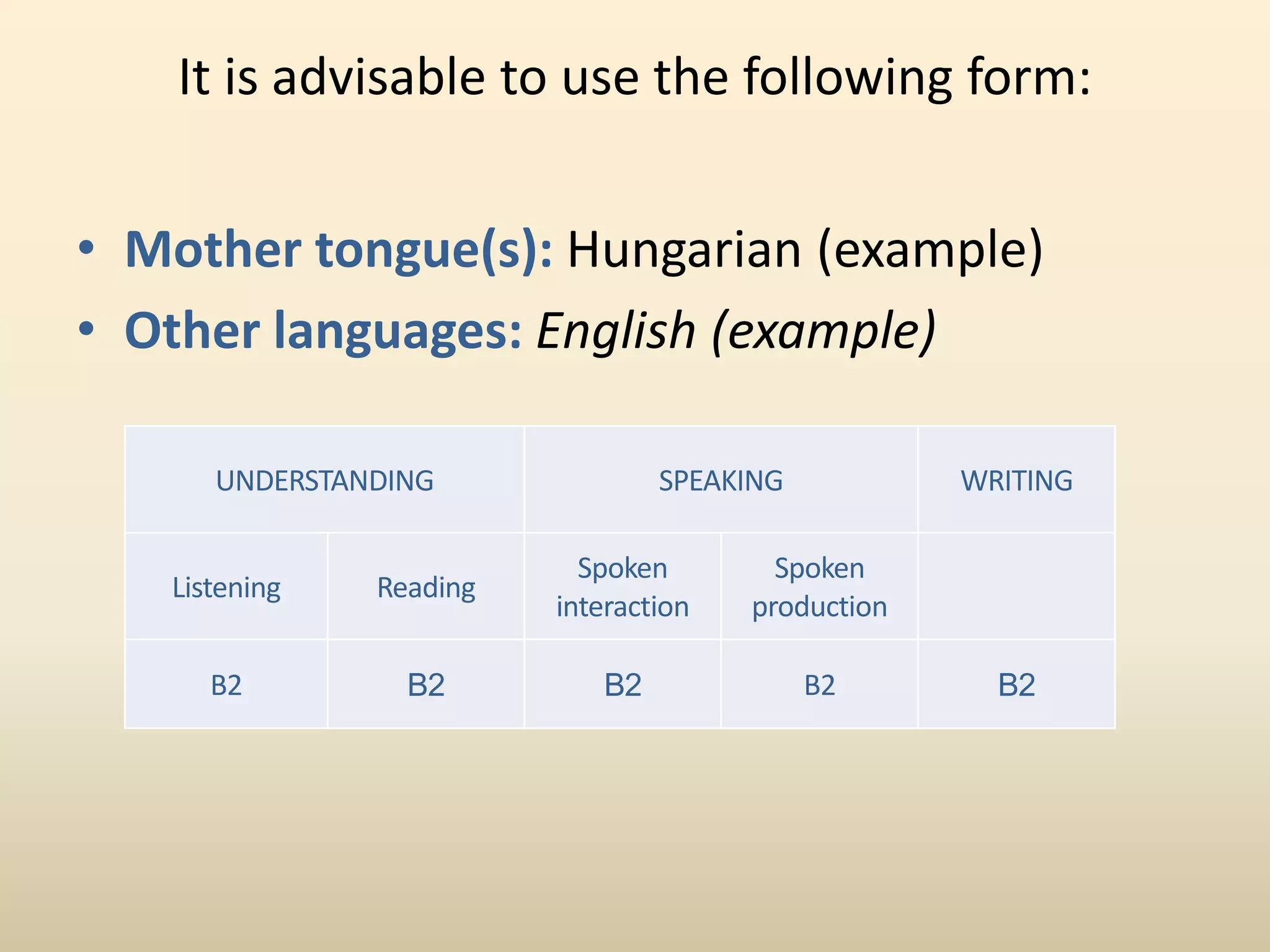 It is advisable to use the following form:
• Mother tongue(s): Hungarian (example)
• Other languages: English (example)
UNDERSTANDING SPEAKING WRITING
Listening Reading
Spoken
interaction
Spoken
production
B2 B2 B2 B2 B2
 