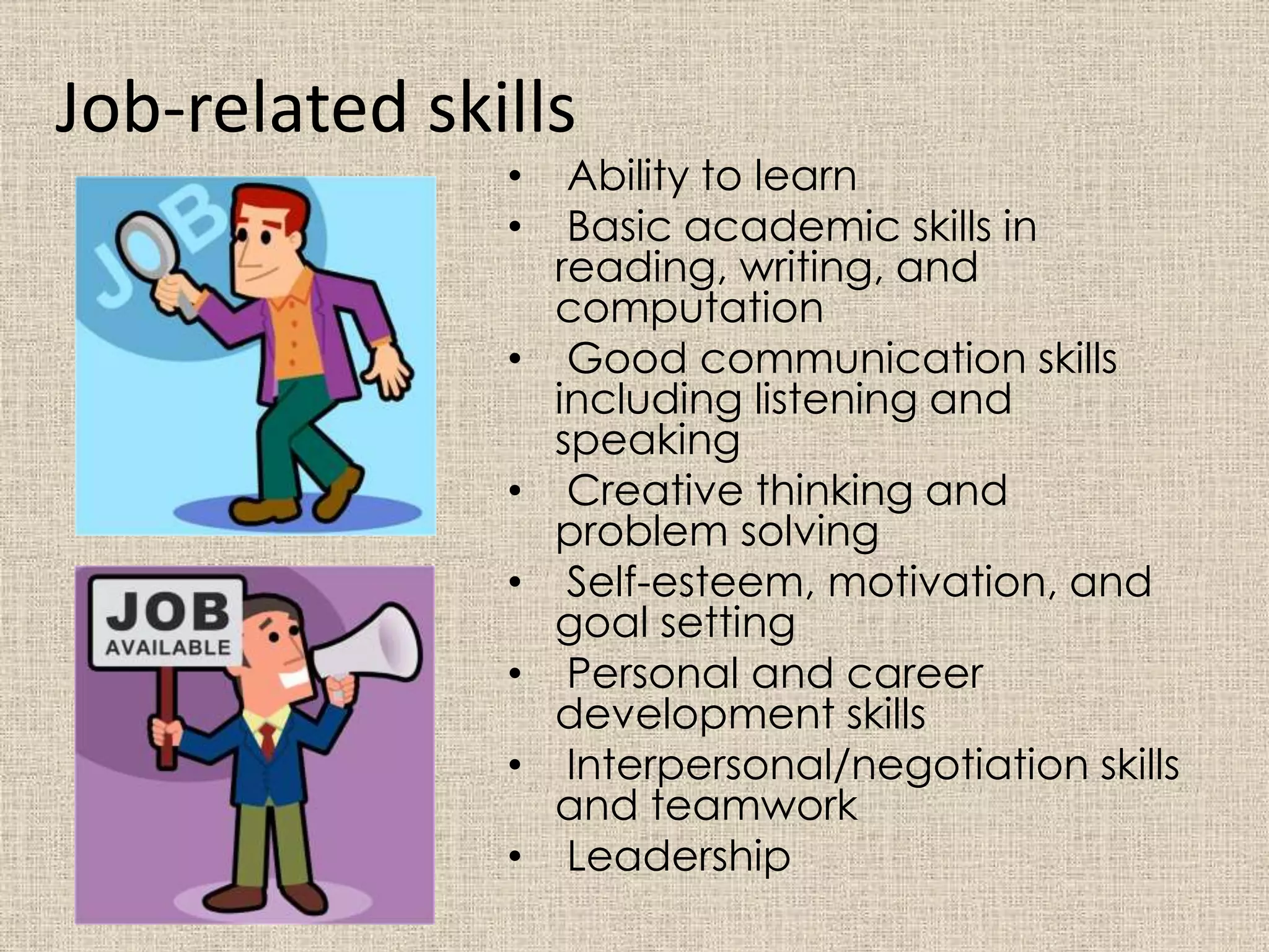 • Ability to learn
• Basic academic skills in
reading, writing, and
computation
• Good communication skills
including listening and
speaking
• Creative thinking and
problem solving
• Self-esteem, motivation, and
goal setting
• Personal and career
development skills
• Interpersonal/negotiation skills
and teamwork
• Leadership
Job-related skills
 