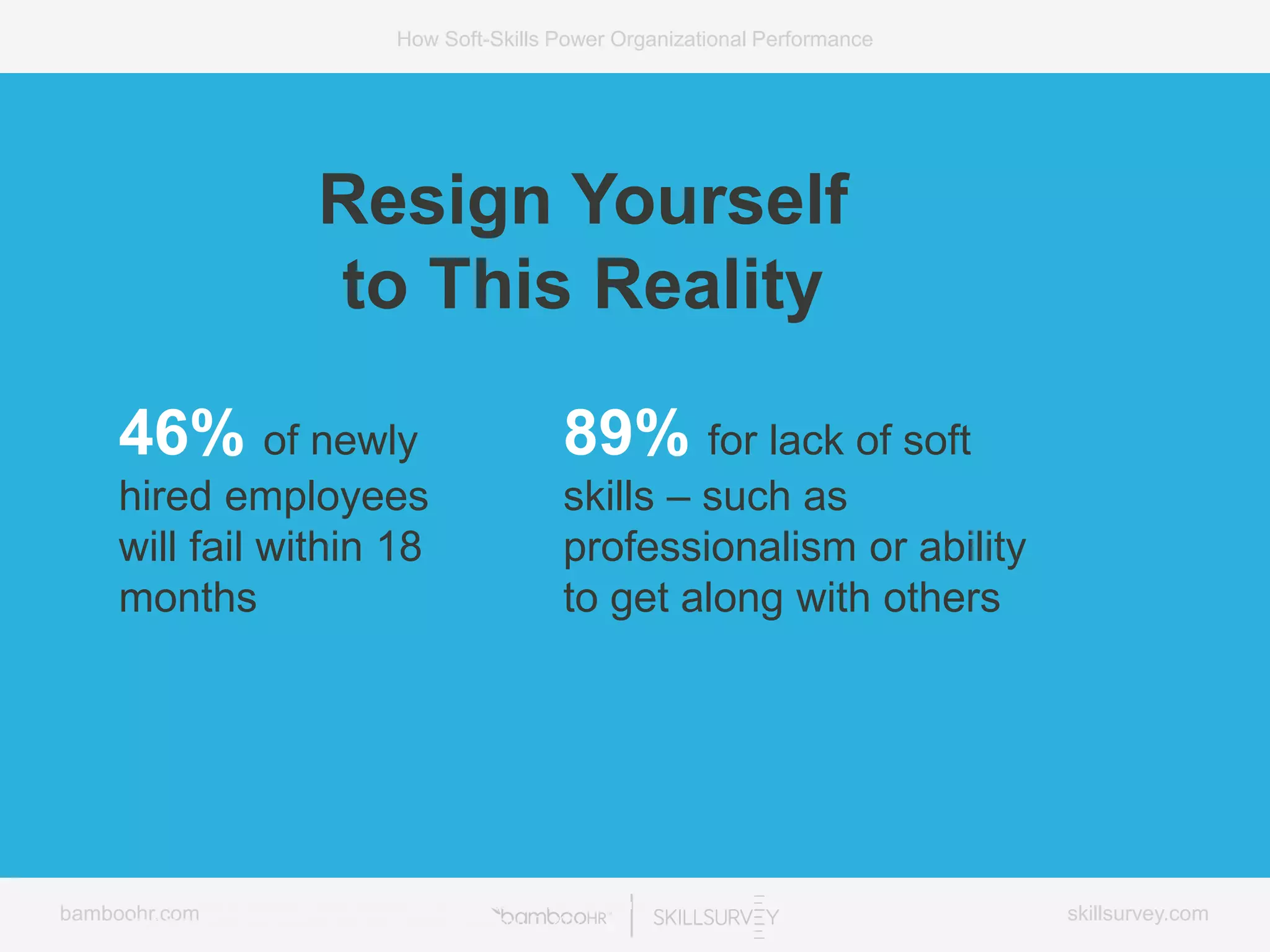 bamboohr.com skillsurvey.com
How Soft-Skills Power Organizational Performance
Resign Yourself
to This Reality
46% of newly
hired employees
will fail within 18
months
* Source: “Hire for Attitude” Forbes, January 23, 2012 † Source: “Hiring for attitude: Research &
tools to skyrocket your success rate” Mark Murphy, Leadership IQ, 2012
89% for lack of soft
skills – such as
professionalism or ability
to get along with others
 