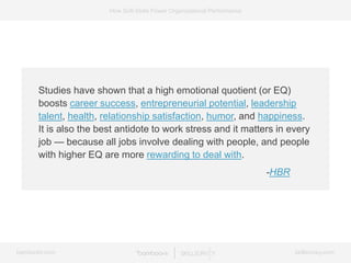 bamboohr.com skillsurvey.com
How Soft-Skills Power Organizational Performance
Studies have shown that a high emotional quotient (or EQ)
boosts career success, entrepreneurial potential, leadership
talent, health, relationship satisfaction, humor, and happiness.
It is also the best antidote to work stress and it matters in every
job — because all jobs involve dealing with people, and people
with higher EQ are more rewarding to deal with.
-HBR
 
