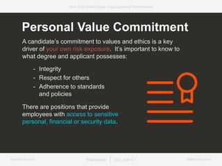 bamboohr.com skillsurvey.com
How Soft-Skills Power Organizational Performance
Personal Value Commitment
A candidate’s commitment to values and ethics is a key
driver of your own risk exposure. It’s important to know to
what degree and applicant possesses:
- Integrity
- Respect for others
- Adherence to standards
and policies
There are positions that provide
employees with access to sensitive
personal, financial or security data.
 