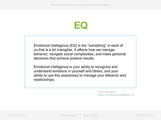 bamboohr.com skillsurvey.com
How Soft-Skills Power Organizational Performance
EQ
Emotional intelligence (EQ) is the “something” in each of
us that is a bit intangible. It affects how we manage
behavior, navigate social complexities, and make personal
decisions that achieve positive results.
Emotional intelligence is your ability to recognize and
understand emotions in yourself and others, and your
ability to use this awareness to manage your behavior and
relationships.
Travis Bradberry
Author, Emotional Intelligence 2.0
 