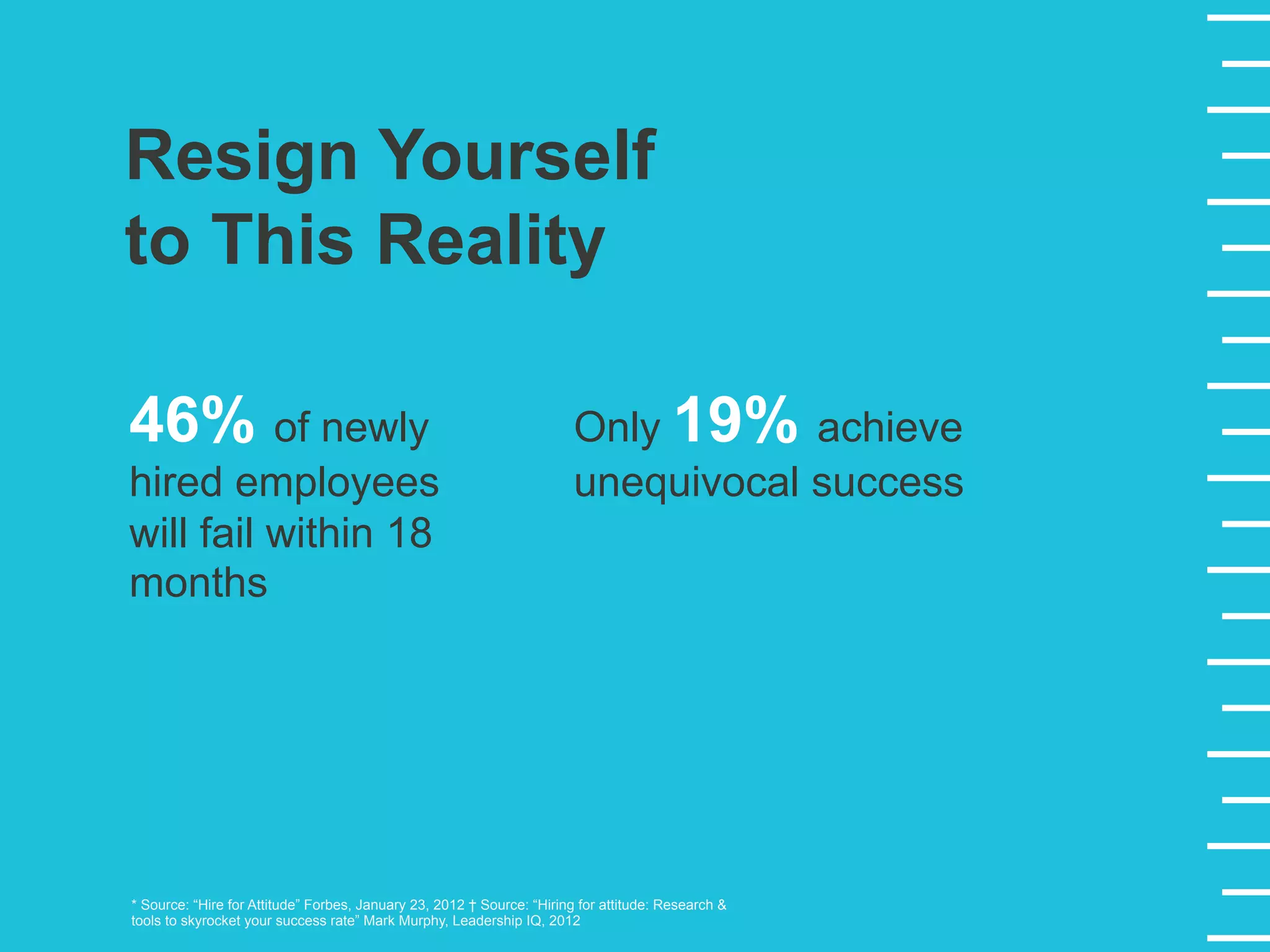 Resign Yourself
to This Reality
46% of newly
hired employees
will fail within 18
months
Only 19% achieve
unequivocal success
* Source: “Hire for Attitude” Forbes, January 23, 2012 † Source: “Hiring for attitude: Research &
tools to skyrocket your success rate” Mark Murphy, Leadership IQ, 2012
 