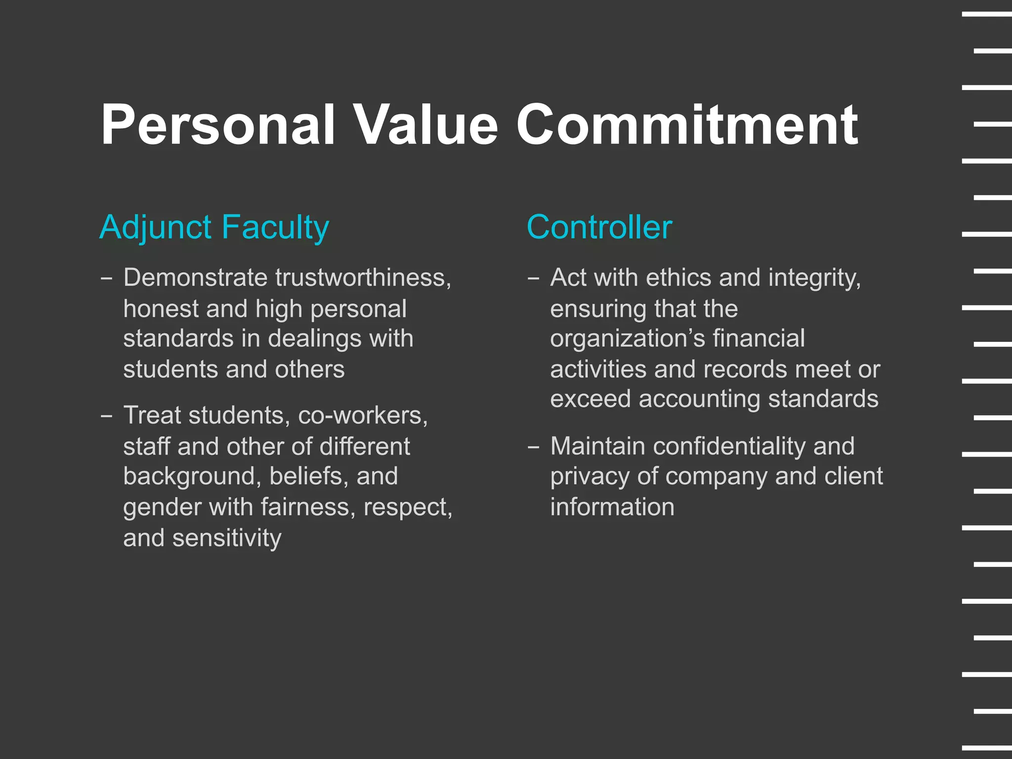Personal Value Commitment
Adjunct Faculty
-  Demonstrate trustworthiness,
honest and high personal
standards in dealings with
students and others
-  Treat students, co-workers,
staff and other of different
background, beliefs, and
gender with fairness, respect,
and sensitivity
Controller
-  Act with ethics and integrity,
ensuring that the
organization’s financial
activities and records meet or
exceed accounting standards
-  Maintain confidentiality and
privacy of company and client
information
 