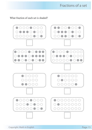 Copyright: Math in English Page 15
Fractions of a set
What fraction of each set is shaded?
 