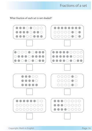 Copyright: Math in English Page 16
Fractions of a set
What fraction of each set is not shaded?
 