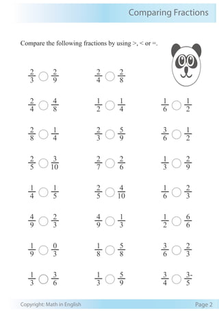Comparing Fractions
Copyright: Math in English Page 2
Compare the following fractions by using >, < or =.
4
2
8
4
2
1
4
1
6
1
2
1
8
2
4
1
3
2
9
5
6
3
2
1
5
2
10
3
7
2
6
2
3
1
9
2
4
1
5
1
5
2
10
4
6
1
3
2
9
4
3
2
9
4
3
1
2
1
6
6
9
1
3
0
8
1
8
5
6
3
3
2
3
1
6
3
3
1
9
5
4
3
5
3-
3
2
9
2
4
2
8
2
 