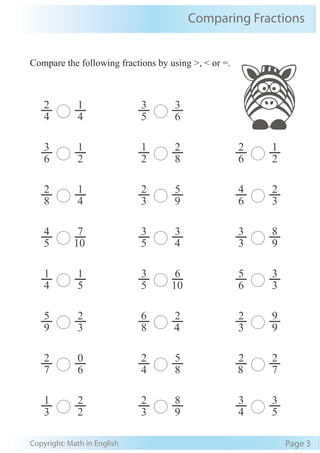 Comparing Fractions
Copyright: Math in English Page 3
Compare the following fractions by using >, < or =.
6
3
2
1
2
1
8
2
6
2
2
1
8
2
4
1
3
2
9
5
6
4
3
2
5
4
10
7
5
3
4
3
3
3
9
8
4
1
5
1
5
3
10
6
6
5
3
3
9
5
3
2
8
6
4
2
3
2
9
9
7
2
6
0
4
2
8
5
8
2
7
2
3
1
2
2
3
2
9
8
4
3
5
3
4
2
4
1
5
3
6
3
 