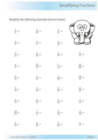 Simplifying Fractions
Copyright: Math in English Page 4
Simplify the following fractions (lowest terms)
30 10 28
12
2
= 10
4
= 9
6
= 9
8
=
8
6
= 12
10
= 12
3
= 40
10
=
10
6
= 15
3
= 20
2
= 15
10
=
18
9
= 14
2
= 25
5
= 24
12
=
16
2
= 22
2
= 18
3
= 14
7
=
30
10
= 21
7
= 24
8
= 24
4
=
2
= 6
= 7
= 7
4
=
8
4
= 9
3
= 14
2
=
6
2
= 10
2
= 6
4
=
 