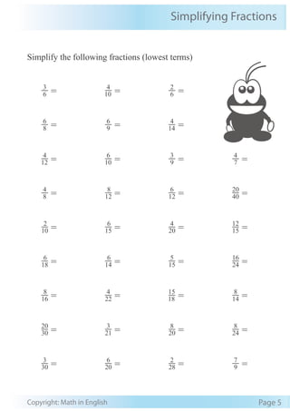 Copyright: Math in English Page 5
Simplifying Fractions
Simplify the following fractions (lowest terms)
12
4
= 10
6
= 9
3
= 7
4
=
8
4
= 12
8
= 12
6
= 40
20
=
10
2
= 15
6
= 20
4
= 15
12
=
18
6
= 14
6
= 15
5
= 24
16
=
16
8
= 22
4
= 18
15
= 14
8
=
30
20
= 21
3
= 20
8
= 24
8
=
30
3
= 20
6
= 28
2
= 9
7
=
8
6
= 9
6
= 14
4
=
6
3
= 10
4
= 6
2
=
 