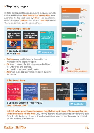 17.
Elite Level Java
Add to Cart
> Top Languages
In 2018 the top spot for programming language is hotly
contested between Java, JavaScript, and Python. Java
just takes the top spot, used by 40% of app developers,
while JavaScript (36.85%) and Python (36.47%) have less
than a percentage point between them.
•	 Python was most likely to be favored by the
	 highest-earning app developers.
•	 C# was most popular with developers building
	 for Enterprise and desktop,
	 and working in game development
•	 Java was most popular with developers building
	 for mobile.
In 2018, we’ve seen C-based languages heavily lose out in favor of languages that can
write more easily for the web. Only among desktop developers and game scripting does
C# still hold the top spot: every other developer is looking to have the capacity to build
for the browser, or for mobile.
Python App Insight
Add to Cart
40%Java
37%Javascript
36%Python
31%C#
30%SQL
21%C++
12%C
8%
PHP
6%
Swift
4%
Go Top 10
Programming Languages
5 Specially Selected Titles for $50 –
LIMITED TIME ONLY
 