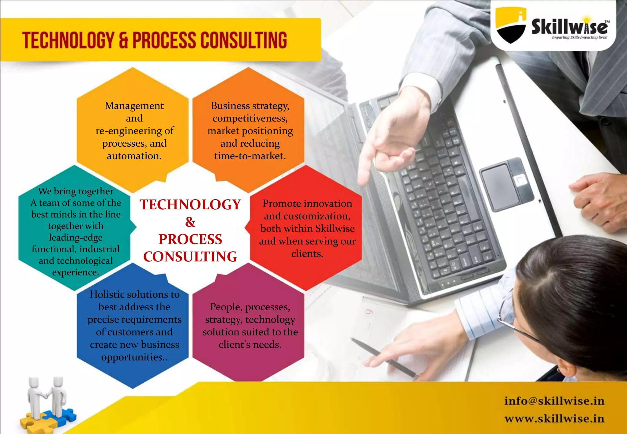 Management
and
re-engineering of
processes, and
automation.
Business strategy,
competitiveness,
market positioning
and reducing
time-to-market.
Promote innovation
and customization,
both within Skillwise
and when serving our
clients.
We bring together
A team of some of the
best minds in the line
together with
leading-edge
functional, industrial
and technological
experience.
Holistic solutions to
best address the
precise requirements
of customers and
create new business
opportunities..
People, processes,
strategy, technology
solution suited to the
client's needs.
TECHNOLOGY
&
PROCESS
CONSULTING
 