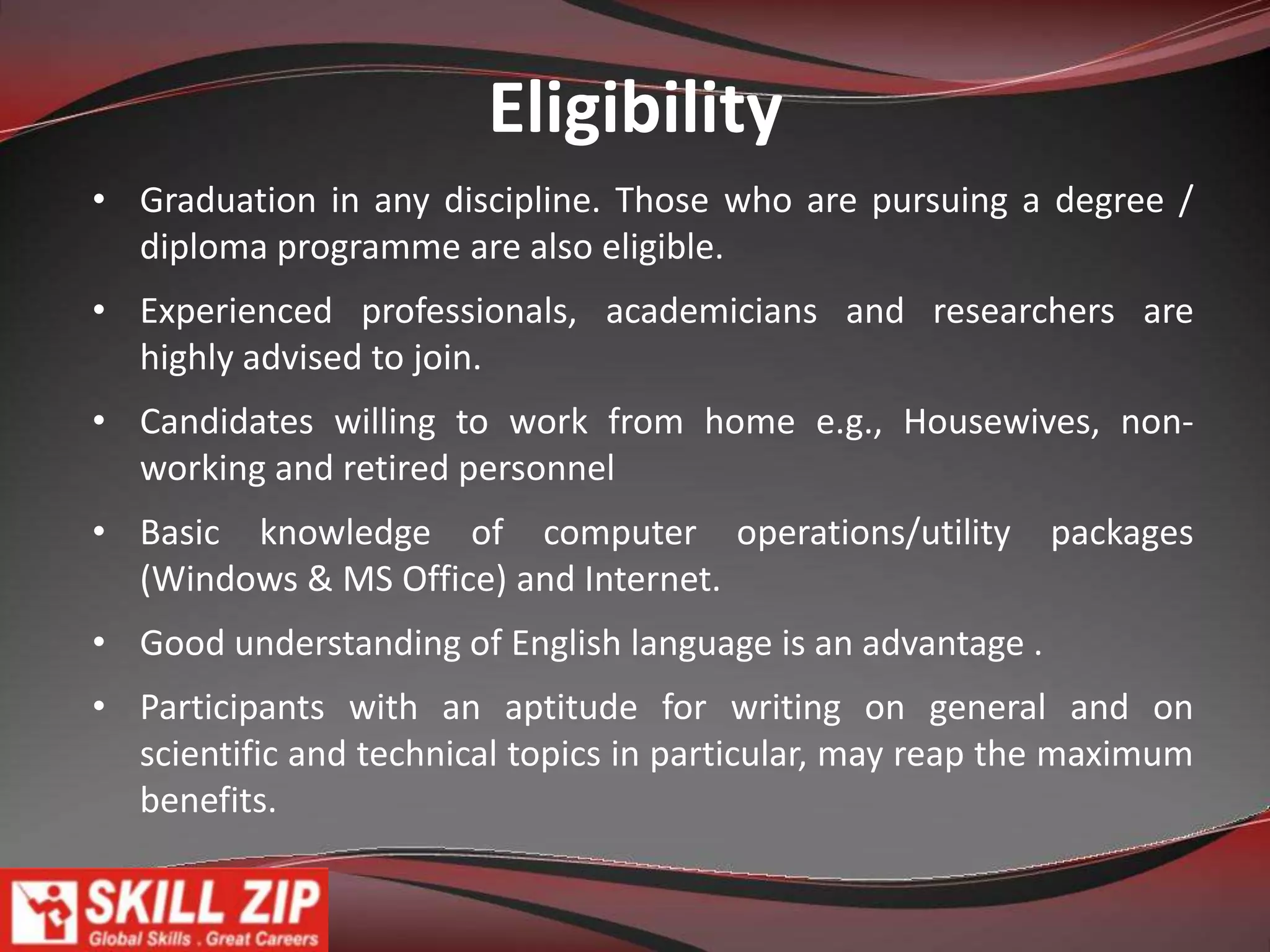 Scientific & Technical Writing Programme (STW)	No matter what industry is preferred, it surely employs technical communicators. Technical communicators work in IT, Computer Science, Engineering, Medicine, Environmental Studies, Electronics, Government, Media, Publishing, Aerospace Industry and just about any field in which people must interpret and use technology. They are an indispensable part of today's technological society.