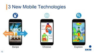 3 New Mobile Technologies
Swipe Choose Explain
A B
LikeDon’t like
10
 