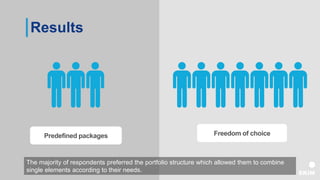 Results
Predefined packages Freedom of choice
The majority of respondents preferred the portfolio structure which allowed them to combine
single elements according to their needs.
 