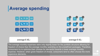 average € 45,- average € 43,-
Average spending
S € 30
M € 45
L € 60
The average monthly expenses were only slightly lower for the portfolio structure allowing for
freedom of choice than the average monthly spending on the predefined packages. Therefore,
consumers try to optimize their choices for elements towards a lower average monthly
expense. However, when given freedom of choice, consumers tend to often choose the more
expensive elements.
 
