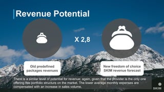 X 2,8
Revenue Potential
Old predefined
packages revenues
New freedom of choice
SKIM revenue forecast
There is a similar level of potential for revenue; again, given that the provider is the only one
offering this portfolio structure on the market. The lower average monthly expenses are
compensated with an increase in sales volume.
 