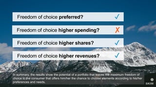 Freedom of choice preferred? ✔
Freedom of choice higher spending? ✘
Freedom of choice higher shares? ✔
Freedom of choice higher revenues? ✔
In summary, the results show the potential of a portfolio that leaves the maximum freedom of
choice to the consumer that offers him/her the chance to choose elements according to his/her
preferences and needs.
 