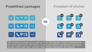 VS.
S € 30
M € 45
L € 60
Predefined packages Freedom of choice
With predefined packages, the provider can “force” the consumer to pay for some elements
that he/she doesn‘t need. With freedom of choice, the consumer can choose to only pay for
services he/she really needs, resulting in lower monthly expenses for the consumer.
 