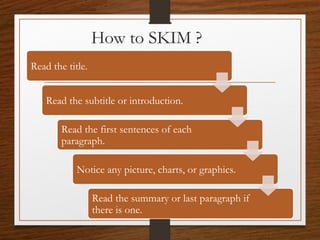 Let’s practice skimming using the
questions below.
Choose a heading that best matches the upcoming
paragraph. Remember to ...