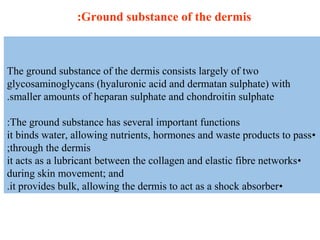 The ground substance of the dermis consists largely of two
glycosaminoglycans (hyaluronic acid and dermatan sulphate( with
smaller amounts of heparan sulphate and chondroitin sulphate.
The ground substance has several important functions:
•it binds water, allowing nutrients, hormones and waste products to pass
through the dermis;
•it acts as a lubricant between the collagen and elastic fibre networks
during skin movement; and
•it provides bulk, allowing the dermis to act as a shock absorber.
Ground substance of the dermis:
 