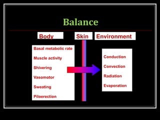 Basal metabolic rate
Muscle activity
Shivering
Vasomotor
Sweating
Piloerection
Conduction
Convection
Radiation
Evaporation
Body Skin Environment
Balance
 