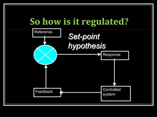 Reference
Response
Controlled
system
Feedback
Set-point
hypothesis
So how is it regulated?
 