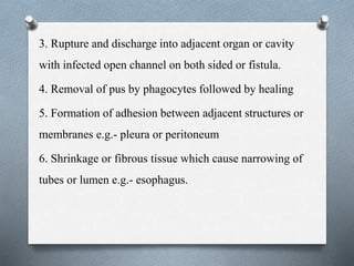 3. Rupture and discharge into adjacent organ or cavity
with infected open channel on both sided or fistula.
4. Removal of pus by phagocytes followed by healing
5. Formation of adhesion between adjacent structures or
membranes e.g.- pleura or peritoneum
6. Shrinkage or fibrous tissue which cause narrowing of
tubes or lumen e.g.- esophagus.
 