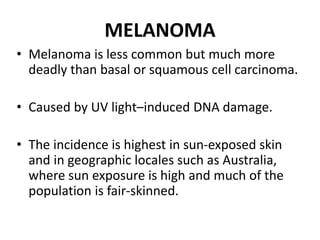 MELANOMA
• Melanoma is less common but much more
deadly than basal or squamous cell carcinoma.
• Caused by UV light–induced DNA damage.
• The incidence is highest in sun-exposed skin
and in geographic locales such as Australia,
where sun exposure is high and much of the
population is fair-skinned.
 