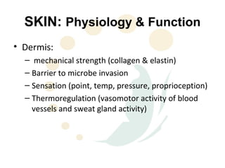 SKIN: Physiology & Function
• Dermis:
  – mechanical strength (collagen & elastin)
  – Barrier to microbe invasion
  – Sensation (point, temp, pressure, proprioception)
  – Thermoregulation (vasomotor activity of blood
    vessels and sweat gland activity)
 