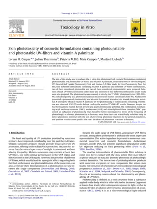 Skin phototoxicity of cosmetic formulations containing photounstable
and photostable UV-ﬁlters and vitamin A palmitate
Lorena R. Gaspar a,⇑
, Julian Tharmann b
, Patricia M.B.G. Maia Campos a
, Manfred Liebsch b
a
University of Sao Paulo, Faculty of Pharmaceutical Sciences of Ribeirao Preto, SP, Brazil
b
Federal Institute for Risk Assessment (BfR), ZEBET at the BfR, Berlin, Germany
a r t i c l e i n f o
Article history:
Received 10 January 2012
Accepted 2 August 2012
Available online 10 August 2012
Keywords:
Skin phototoxicity
UV-ﬁlters
Vitamin A
3T3 NRU
H3D-PT
a b s t r a c t
The aim of this study was to evaluate the in vitro skin phototoxicity of cosmetic formulations containing
photounstable and photostable UV-ﬁlters and vitamin A palmitate, assessed by two in vitro techniques:
3T3 Neutral Red Uptake Phototoxicity Test and Human 3-D Skin Model In Vitro Phototoxicity Test. For
this, four different formulations containing vitamin A palmitate and different UV-ﬁlters combinations,
two of them considered photostable and two of them considered photounstable, were prepared. Solu-
tions of each UV-ﬁlter and vitamin under study and solutions of four different combinations under study
were also prepared. The phototoxicity was assessed in vitro by the 3T3 NRU phototoxicity test (3T3-NRU-
PT) and subsequently in a phototoxicity test on reconstructed human skin model (H3D-PT). Avobenzone
presented a pronounced phototoxicity and vitamin A presented a tendency to a weak phototoxic poten-
tial. A synergistic effect of vitamin A palmitate on the phototoxicity of combinations containing avobenz-
one was observed. H3D-PT results did not conﬁrm the positive 3T3-NRU-PT results. However, despite the
four formulations studied did not present any acute phototoxicity potential, the combination 2 contain-
ing octyl methoxycinnamate (OMC), avobenzone (AVB) and 4-methylbenzilidene camphor (MBC) pre-
sented an indication of phototoxicity that should be better investigated in terms of the frequency of
photoallergic or chronic phototoxicity in humans, once these tests are scientiﬁcally validated only to
detect phototoxic potential with the aim of preventing phototoxic reactions in the general population,
and positive results cannot predict the exact incidence of phototoxic reactions in humans.
1. Introduction
The level and quality of UV protection provided by sunscreen
products have improved considerably over the past three decades.
Modern sunscreen products should provide broad-spectrum UV
protection, offering uniform UVB/UVA protection, because this as-
sures that the natural spectrum of sunlight is attenuated without
altering its quality. Modern sunscreens may contain at least two
UV ﬁlters, one with optimal performance in the UVA region and
the other one in the UVB region. However, the presence of different
UV ﬁlters, which usually leads to synergistic effects regarding both
the ﬁnal performance and photostabilization of the sunscreen, can
also accelerate their decomposition if a photoreaction occurs be-
tween the single components (Osterwalder and Herzog, 2010;
Gonzalez et al., 2007; Chatelain and Gabard, 2001; Lhiaubet-Vallet
et al., 2010).
Despite the wide range of UVB ﬁlters, appropriate UVA ﬁlters
are rare; among them avobenzone is probably the most important
representative. This active ingredient is present in numerous com-
mercial sunscreen and cosmetic formulations. Avobenzone
strongly absorbs UVA, but presents signiﬁcant degradation under
UV exposure reducing its UVA protecting effect (Paris et al.,
2009; Bouillon, 2000).
The reactive intermediates of photounstable ﬁlter substances
come into direct contact with the skin, where they may behave
as photo-oxidants or may also promote phototoxic or photoallergic
contact dermatitis. The interaction of photodegradation products
with sunscreen excipients or skin components like sebum may
lead to the formation of newmolecules with unknown toxicological
properties (Cambon et al., 2001; Deleo et al., 1992; Rieger, 1997;
Schrader et al., 1994; Nohynek and Schaefer, 2001). Consequently,
there is an increasing concern about the phototoxicity and photo-
allergy of UV ﬁlters.
Phototoxicity is deﬁned as a toxic response from a substance
applied to the body which is either elicited or increased (apparent
at lower dose levels) after subsequent exposure to light, or that is
induced by skin irradiation after systemic administration of a sub-
stance (OECD, 2004). It is as a non-immunological light-induced
0887-2333
http://dx.doi.org/10.1016/j.tiv.2012.08.006
⇑ Corresponding author. Address: Faculdade de Ciências Farmacêuticas de
Ribeirão Preto, Universidade de São Paulo, Av. do Café s/n, 14040-903 Ribeirão
Preto, SP, Brazil. Tel.: +55 16 3602 4315.
E-mail address: lorena@fcfrp.usp.br (L.R. Gaspar).
Toxicology in Vitro 27 (2013) 418–425
Contents lists available at SciVerse ScienceDirect
Toxicology in Vitro
journal homepage: www.elsevier.com/locate/toxinvit
Ó 2012 Elsevier Ltd. Open access under the Elsevier OA license.
Ó 2012 Elsevier Ltd. Open access under the Elsevier OA license.
 