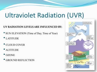 Ultraviolet Radiation (UVR)
UV RADIATION LEVELS ARE INFLUENCED BY:

• SUN ELEVATION (Time of Day, Time of Year)

• LATITUDE
• CLOUD COVER
• ALTITUDE
• OZONE
• GROUND REFLECTION

 