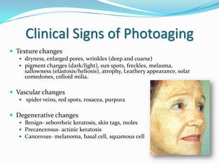 Clinical Signs of Photoaging
 Texture changes
 dryness, enlarged pores, wrinkles (deep and coarse)
 pigment changes (dark/light), sun spots, freckles, melasma,

sallowness (elastosis/heliosis), atrophy, Leathery appearance, solar
comedones, colloid milia.

 Vascular changes
 spider veins, red spots, rosacea, purpura

 Degenerative changes
 Benign- seborrheic keratosis, skin tags, moles
 Precancerous- actinic keratosis
 Cancerous- melanoma, basal cell, squamous cell

 